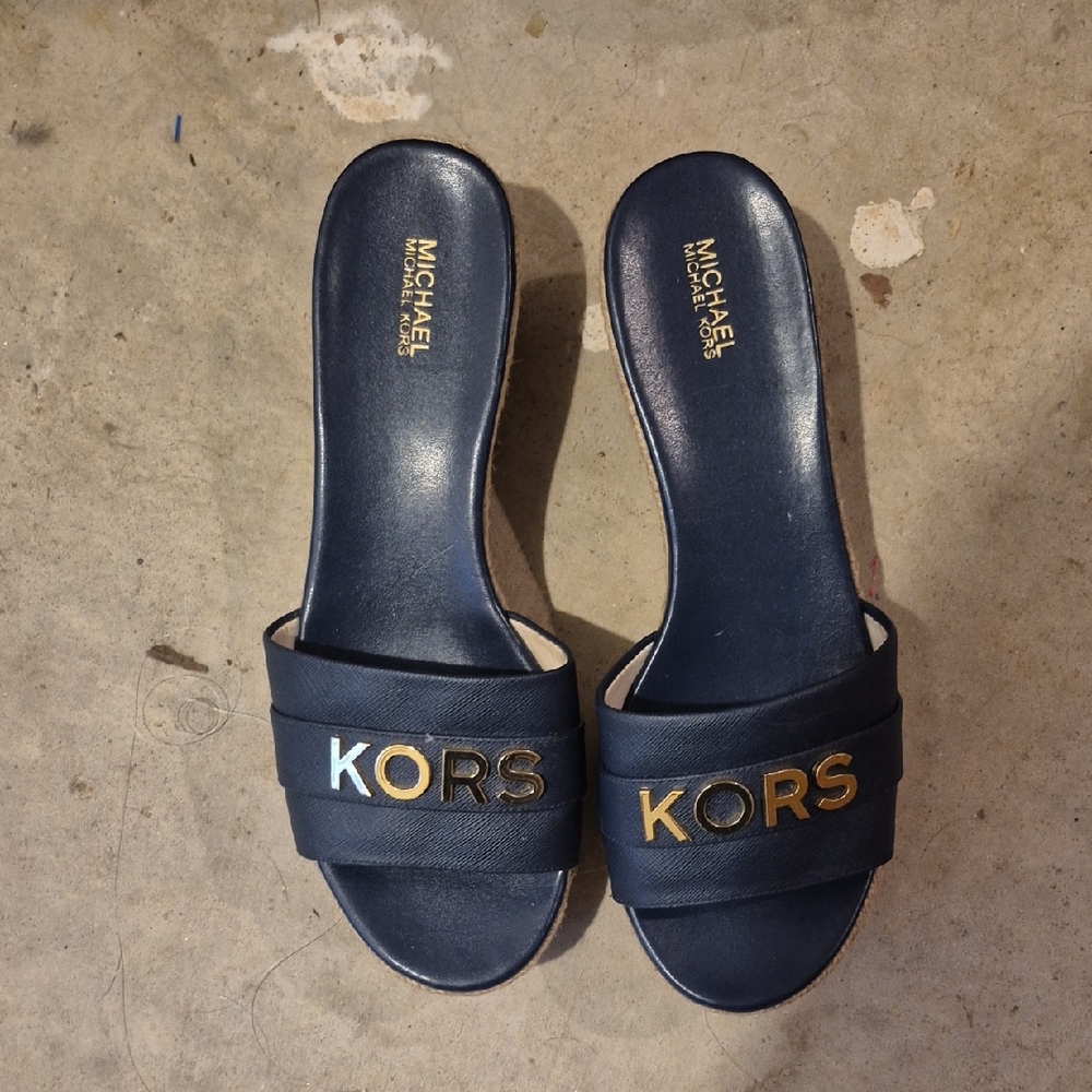 Michael Kors Navy Slides with Gold Logo